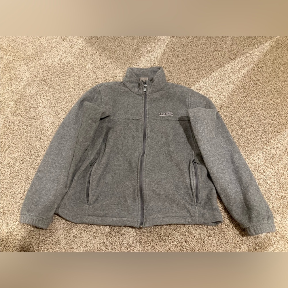 Women Columbia grey silver zip zipper fleece jacket coat pocket collar m logo